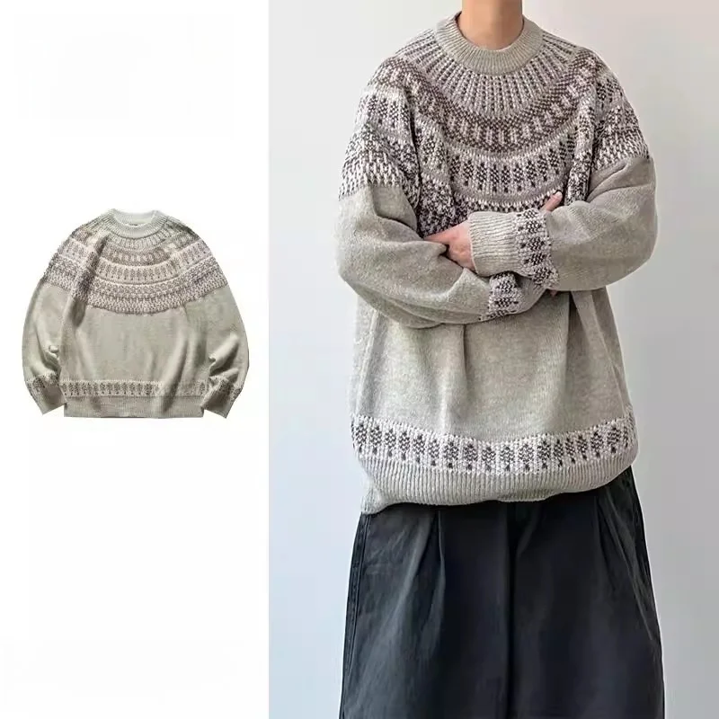 

Ретро-свитер Fair Isle с круглым вырезом, свободного кроя, унисекс, для мужчин и женщин, для пар, осенне-зимний сезон, для прогулок по городу, полиэстер