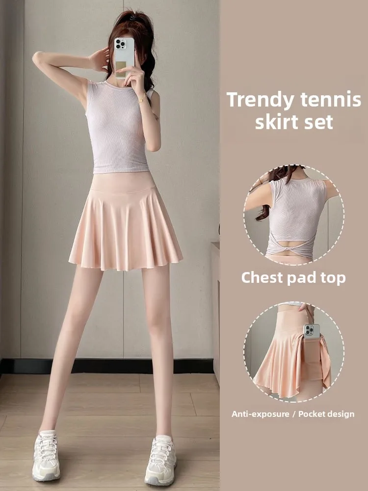 

Женский спортивный костюм для бадминтона, жилет для бега Qui Dry, топ и юбка, теннисный костюм для утреннего бега, комплект из нейлонового спандекса