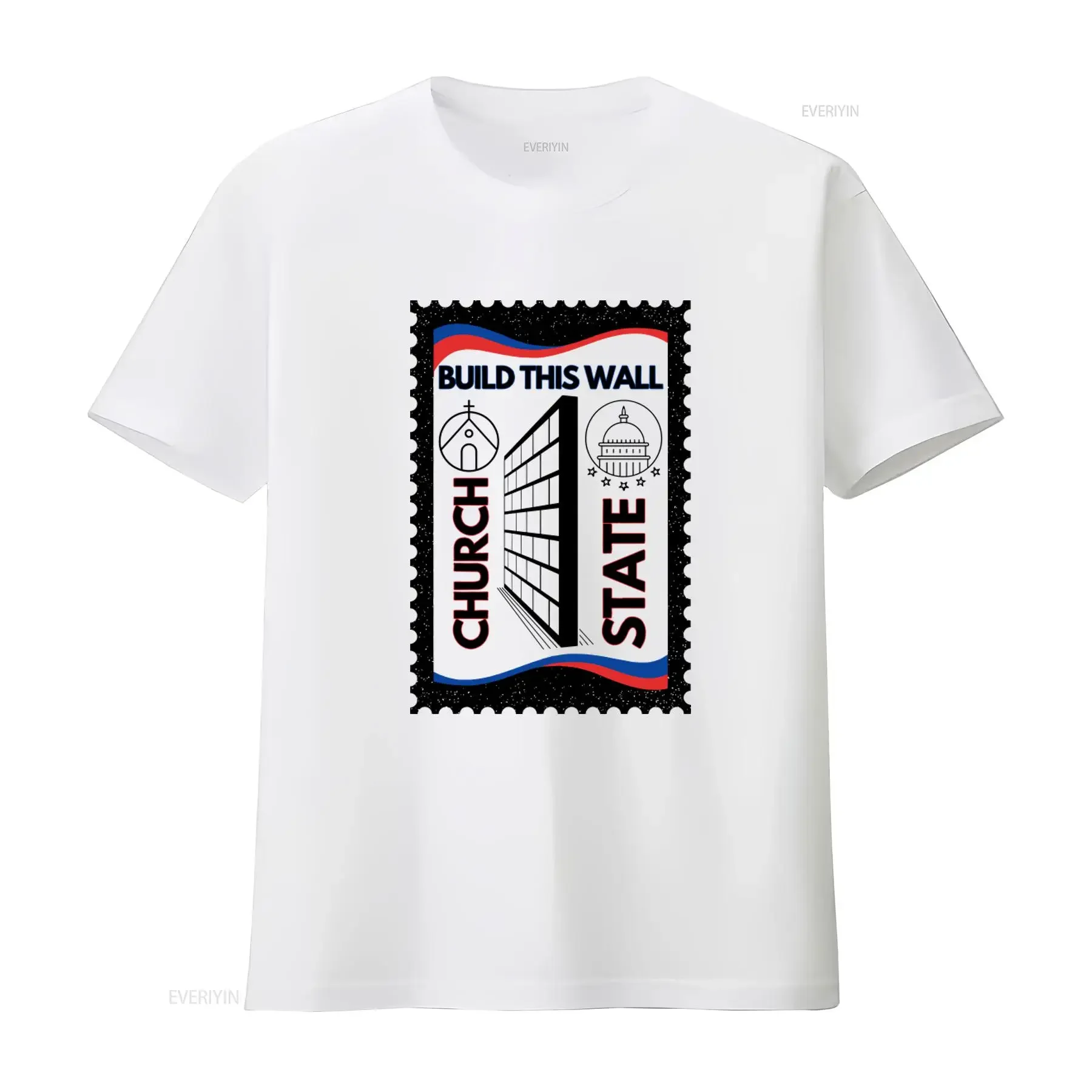Jersey  T Shirt Build This Wall Separation of Church and State Design vintage Washed Stretched Top For Everyday Wear graphic