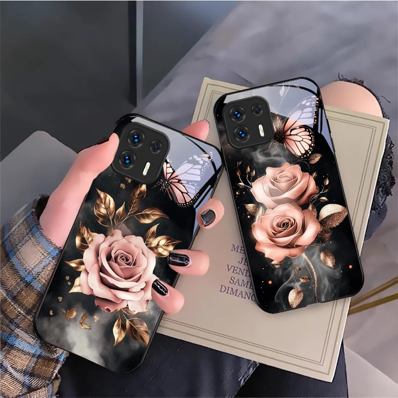 Butterfly Love Pink Rose For Motorola Moto G14 24 34 35 45 54 55 75 84 85 Stylus Edge 30 40 Neo 50 Ultra Play glass phone case view 3