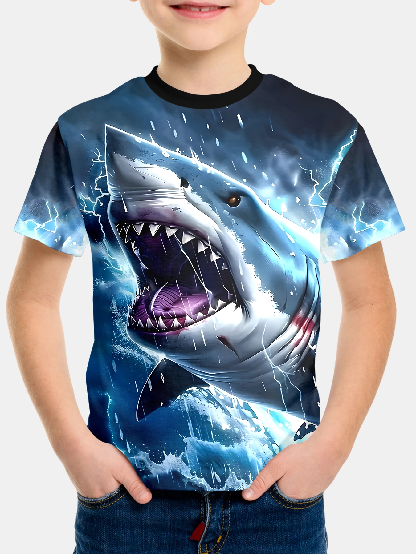 

Летняя футболка с круглым вырезом и короткими рукавами для мальчиков Lightning Shark, повседневный легкий и удобный топ, 3D-принт