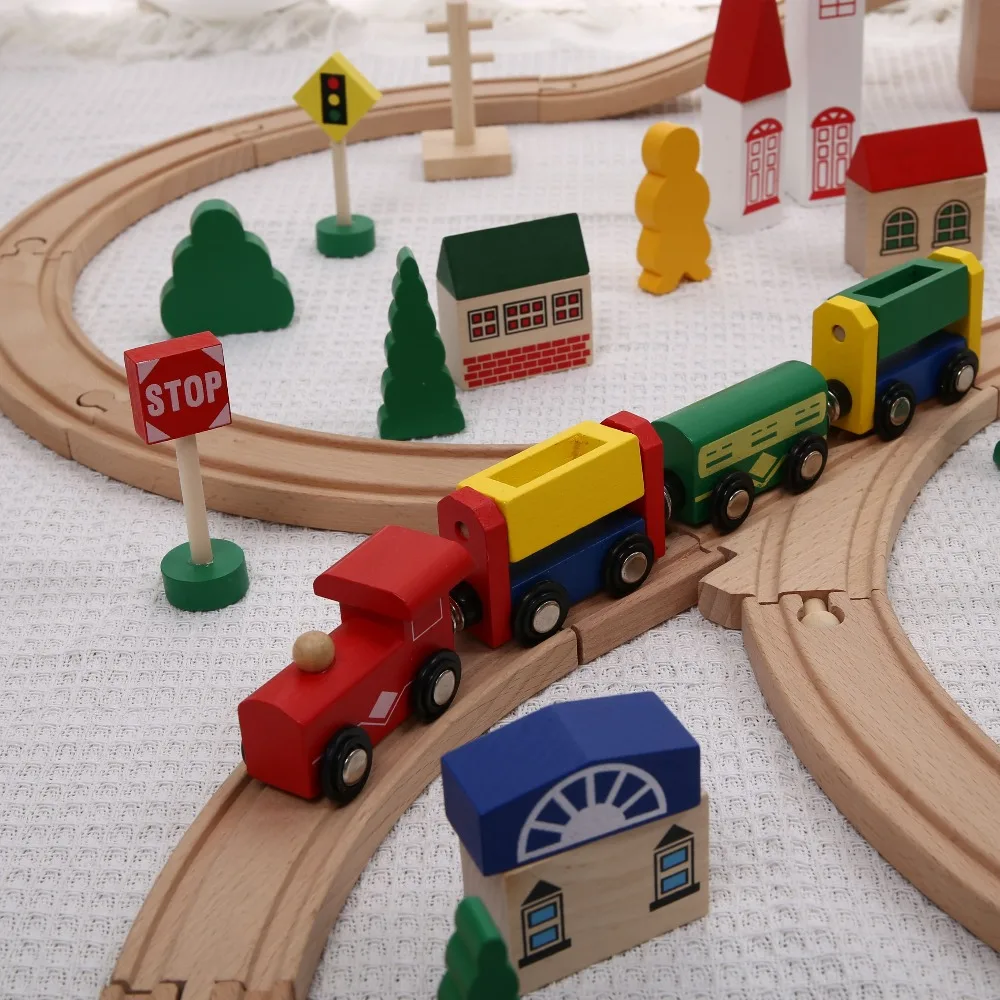 Ensemble de train en bois avec assemblage coulissant sur rail, blocs de construction en bois, voiture sur rail pour enfants, voiture jouet, garçon