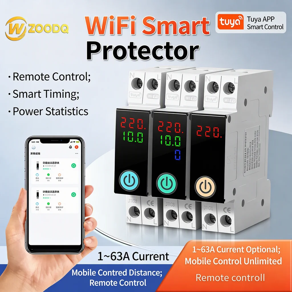 1-63A 220V Tuya APP Connected Mini Circuit Breaker, Over/Under Voltage & Overcurrent Protection, Timer Setting, DIN Rail Mount