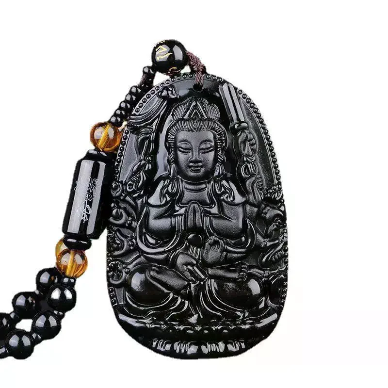 Black Obsidian  Pendant Carved Design Beaded Chain Daily Wear Lucky Gift For Men Women