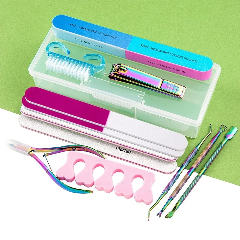 13Pcs Nail Art Tool Set Gradient Stainless Steel Manicure Kit Cuticle Nipper Pusher Nail File Separator Tools with Storage Box