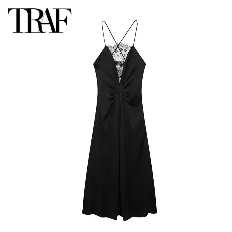 TRAF Midi Lace Dresses 2024 Long Dresses Women\'s Summer Sexy Elegant Party Dress Ladies Fashion Casual Backless Black Slip Dress