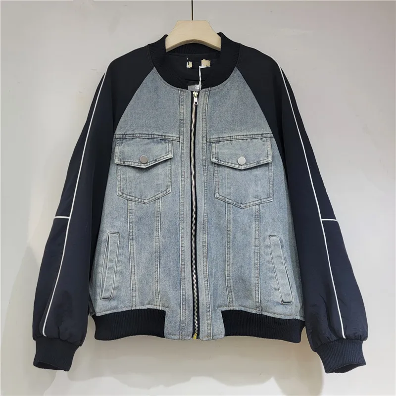 

SuperAen Denim Patchwork Jacket Women's Spring and Autumn New Korean Style High Street Loose Casual O-neck Fashion Coats