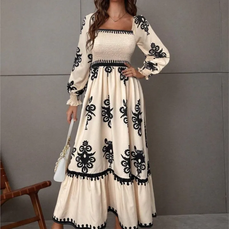 2025 الخريف المرأة أنيقة ملابس منقوشة بكم طويل فستان طويل Vestido Largo Mujer أنيقة البوهيمي فساتين السهرة عطلة نمط