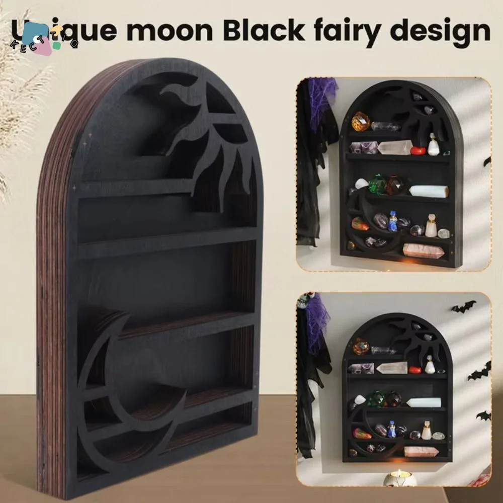 

Деревянная настенная полка для хранения в форме полумесяца и солнца, винтажный богемный стиль, полка для хрустальных украшений