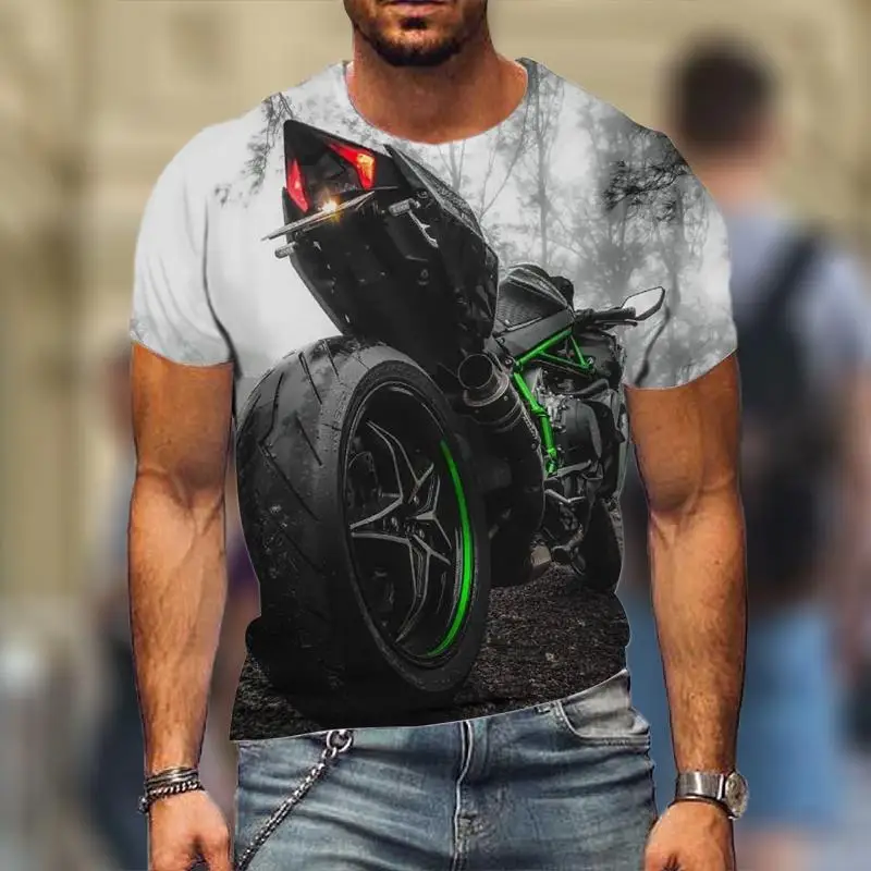 Men Sports Motorcycle Green Wheel 3D Print Crew Neck Short Sleeve T-Shirt Multi Patterns Biker Casual Tops