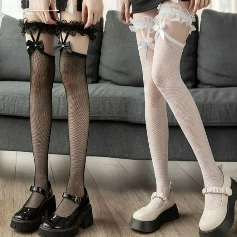

Sexy Mesh Fishnet Thigh High Stocking JK Lolita Women Girl Long Socks Japanese Style Lace Bowknot Suspender Knee High Stockings