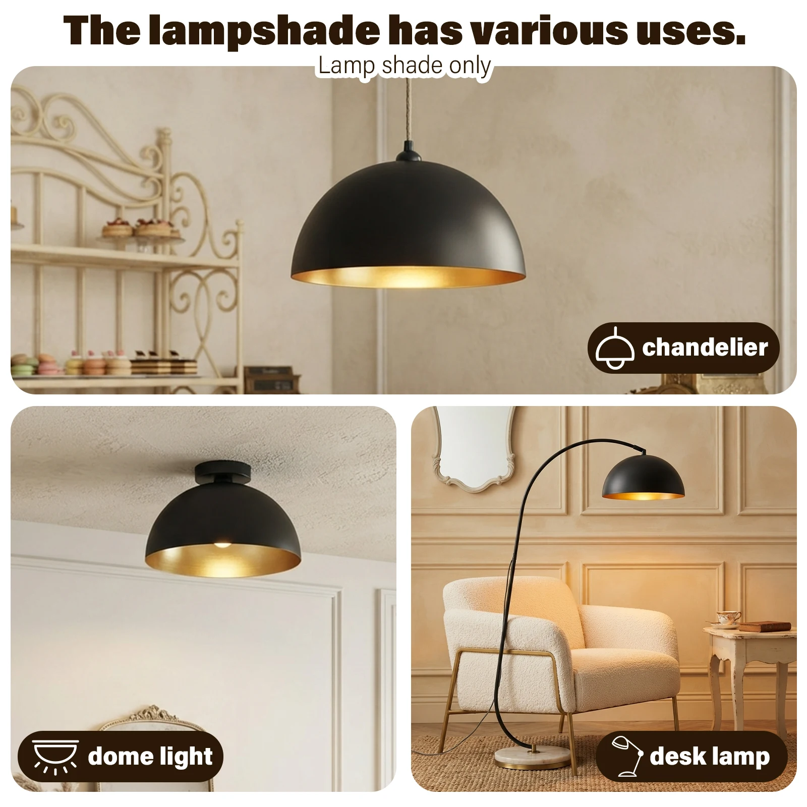 Geometric Lamp Shade - โคมไฟโลหะทรงโดมครึ่งวงกลมสีดำทองสองสี, ฝาครอบโคมไฟเหล็กแบบมินิมอลด้านนอกสีด้านด้านในสีทองเงา, ขนาดกว้าง