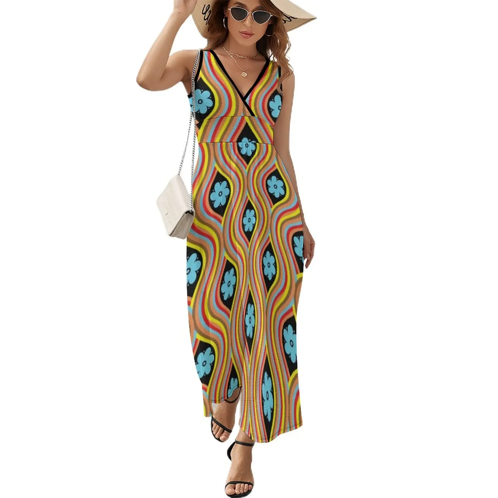 

1970s Retro Vintage Hippie Bohemian Flower Power Festival Sleeveless Dress dress Long dress woman women summer