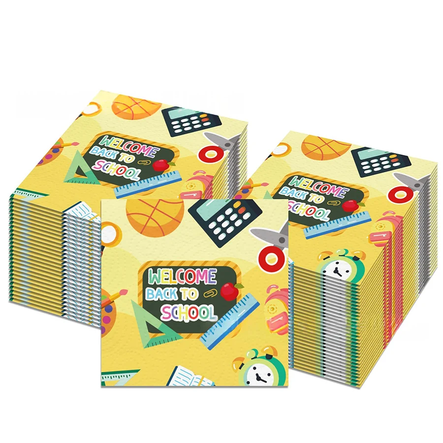 20Pcs School Themed Paper Napkins - Cute Ruler Clock Apple Design Disposable Serviettes for Preschool Welcome Back to School Par