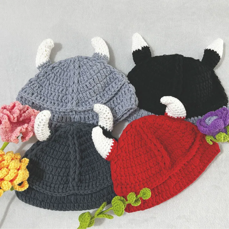 Fun Winter hat Ladies Male role Play anime Wool hat Creative Cute horn knitted hat pure handmade winter hat girls Boys hat