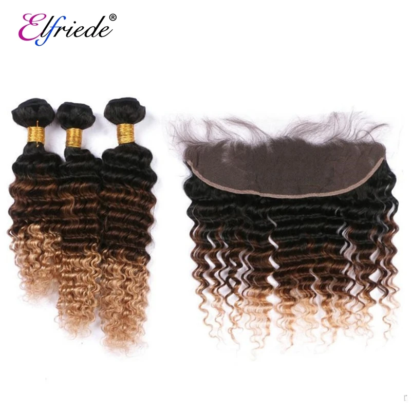 Elfriede-Mèches Deep Wave 4/27 Naturelles Ombrées, Cheveux Humains Tissés avec Dentelle Transparente 13x4, 1B/100%, 3 Lots