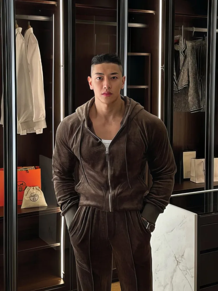 Men Tracksuit Running Set Hooded Zipper Sweatshirt Two Piece Set Training Sports Jogging Outdoor Male American Style Sportswear
