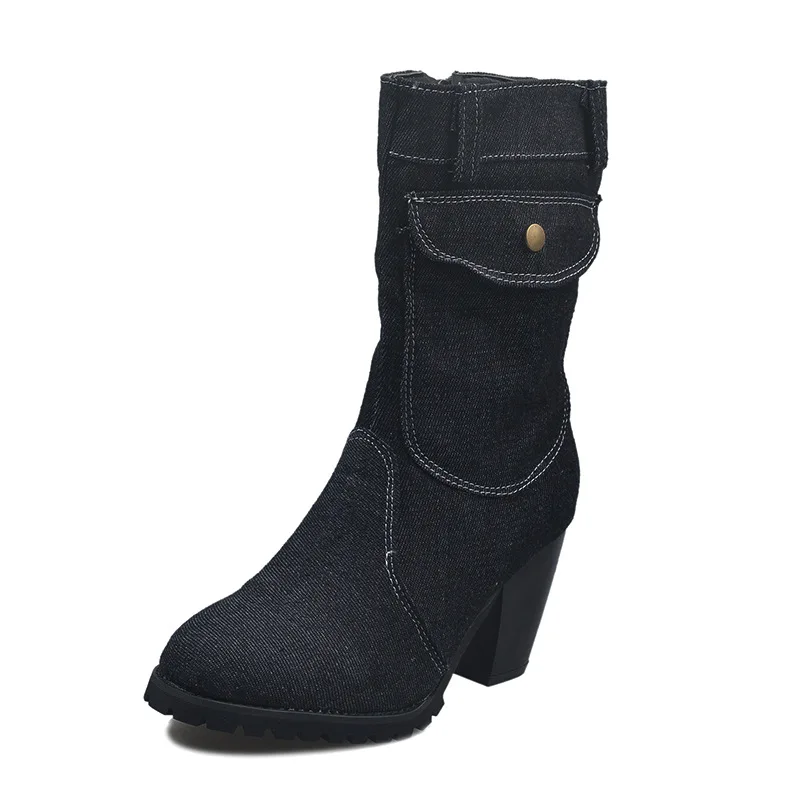 Women's Denim Mid-Calf Boots Pocket Decor Chunky Block Heel Ankle Boots Retro Western Style Casual Fashion Botas Mujer Size35-43