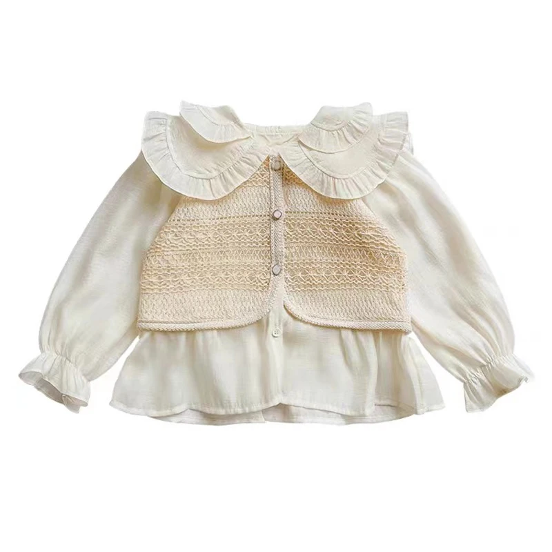Children\'s Clothing Suit Spring Autumn New Girls Set Cute Ladies Fake Two-Piece Vest Shirt+ Jeans Girls Fashion Kids Outfit 2pcs