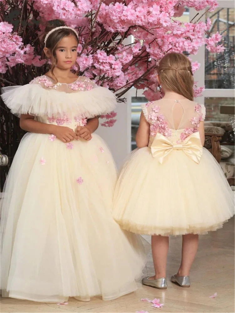 Cute Flower Girl Dress Elegant Fluffy Tulle Lace Decal Feather Princess Ball First Communion Dresses Kids Birthday Gift Present