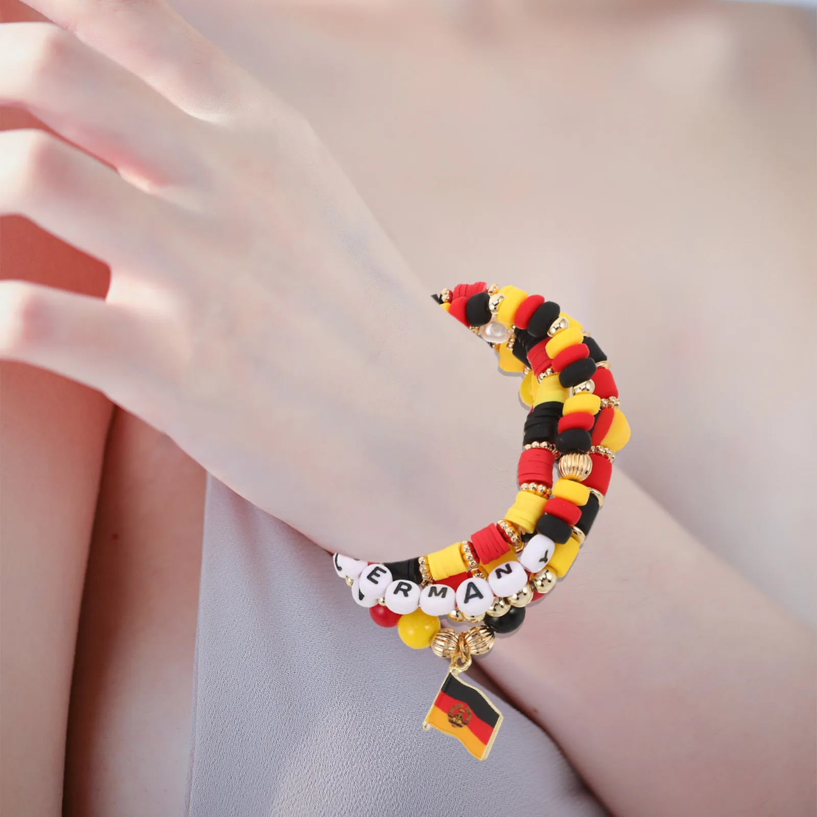 1Set Soccer Bracelets Germany Flag Color Beaded Stretch Stackable Game-Day Accessories Soccer Tournament Fan Jewelry