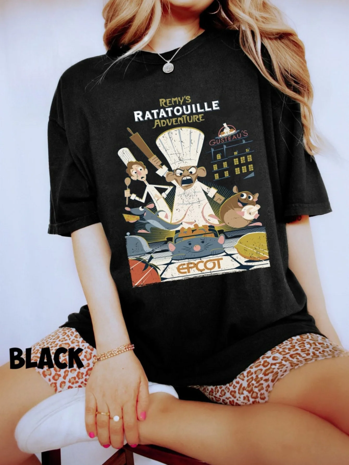 Disney Pixar Ratatouille Remy Chef Cooking Graphic T-Shirt - Black Casual Short Sleeve Tee with Parisian Eiffel Tower Design