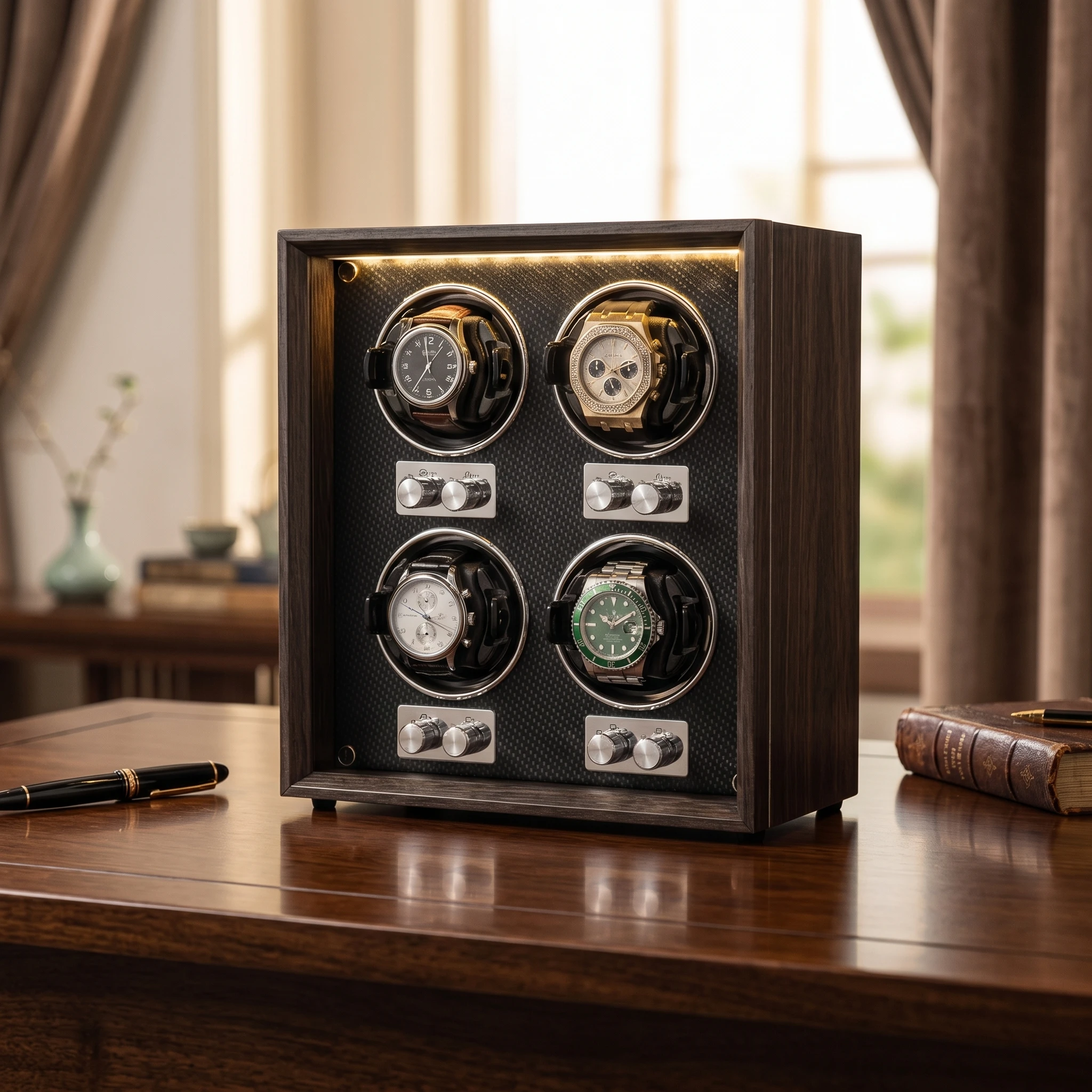 Ebony Wood Grain Watch Winder 4 Rotors with Carbon Fiber Interior Ultra Quiet Motor for Automatic Watches