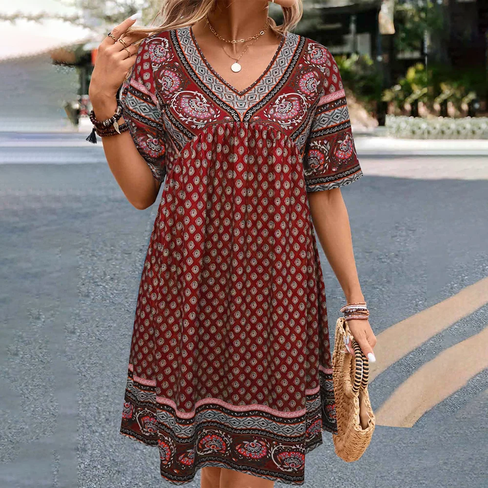 M L XL Vintage Dress for Women Clothing 2024 Summer Short Sleeved Printe Bohemian Beach Holiday Dress Female Slim Fit Mini Skirt