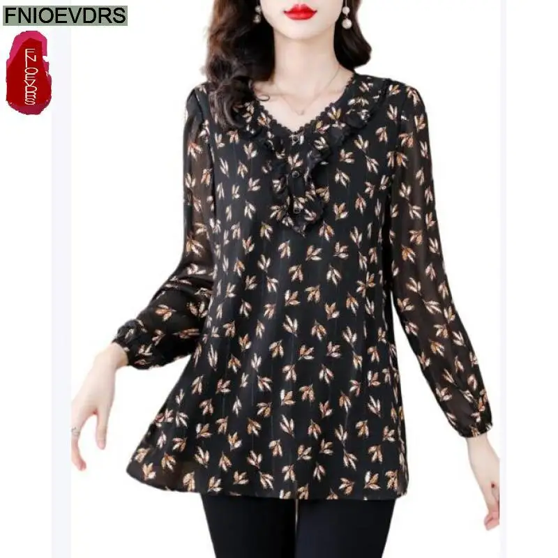 

L-5XL Loose Clothes 2023 Women Autumn Elegant Ruffles Basic Shirts Retro Vintage Black Floral Print Tunic Tops Blouses