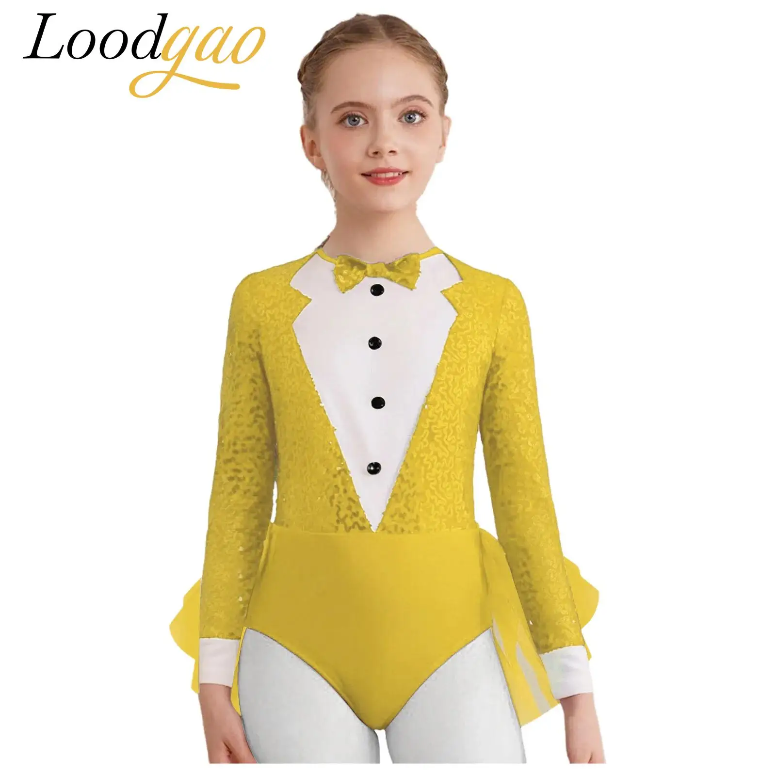 

Girls Tuxedos Bodysuits Jazz Waltz Dance Leotards Sequins Stage Performance Costume Modern Dancewear Kids Tulle Skirted Jumpsuit