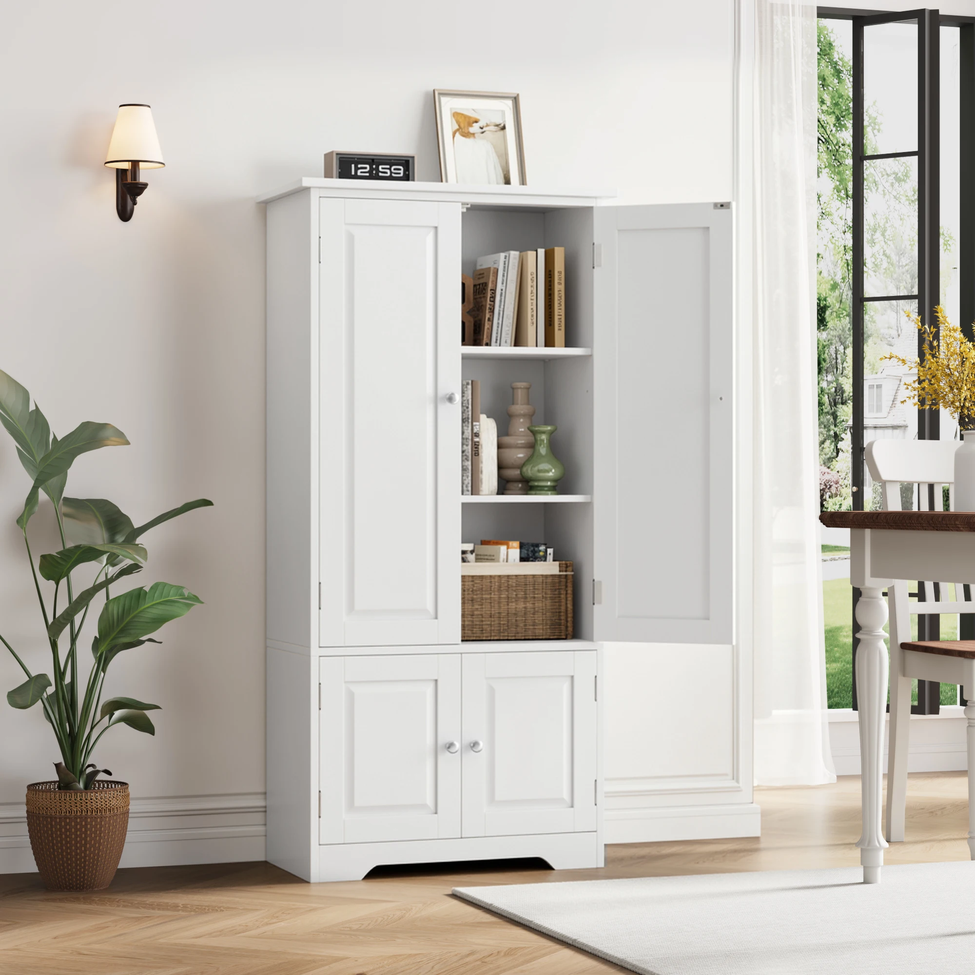 Getone Mehrzweckschrank Küchenschrank, Wohnzimmerschrank,mit 4 Türen kitchen cabinet 58x32x123cm,weiß/schwarz
