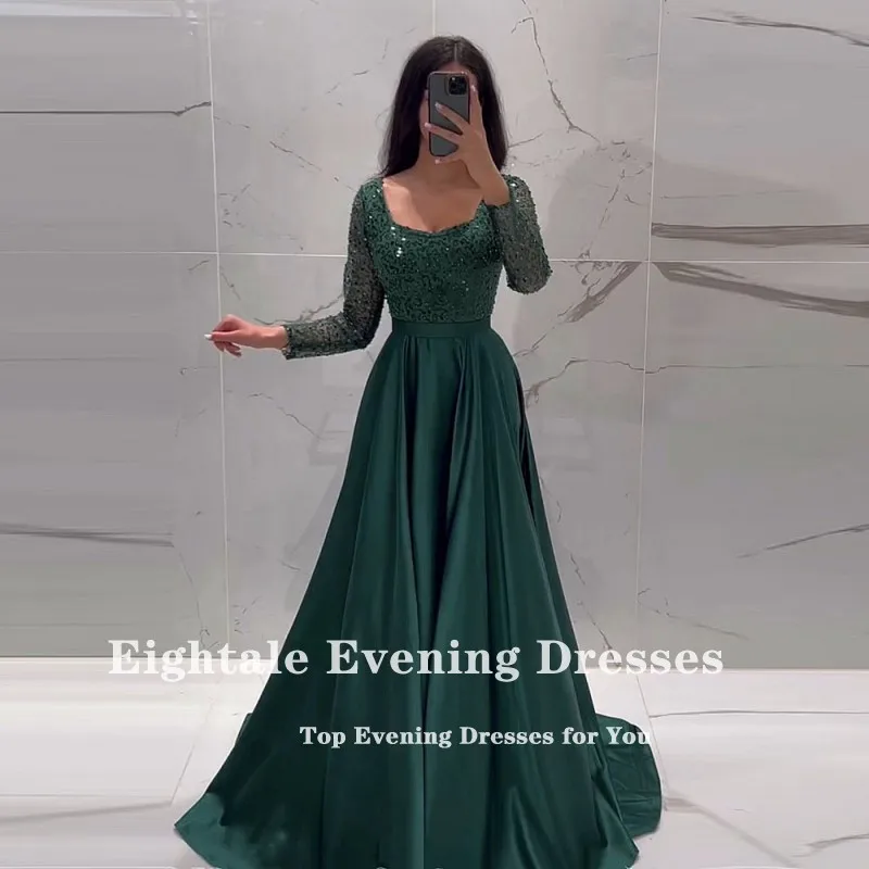 Eightale Dark Green Evening Dress Customized Long Sleeves Belt Sequin A-Line Wedding Party Prom Gowns Satin