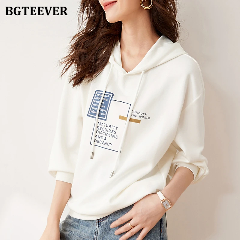 BGTEEVER Stylish Long Sleeve Female Printed Sweatshirts Autumn Winter Ladies Pullovers Tops Casual Loose Women Hoodies