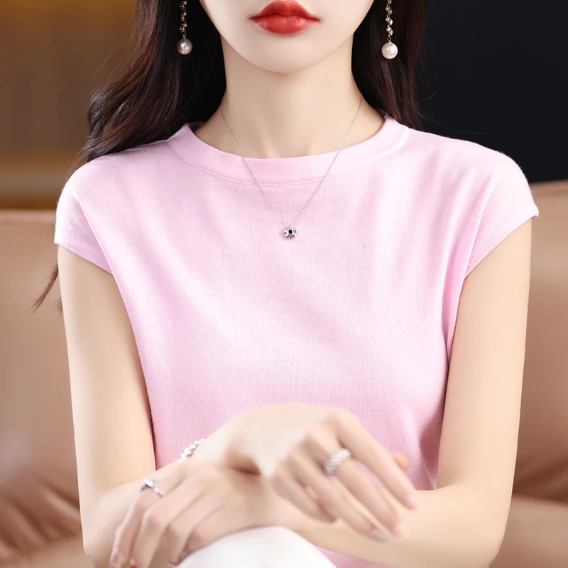 2024 Spring/summer new 100%Merino wool women\'s O-collar pullover short-sleeve knitwear Fashion solid color knitted T-shirt women