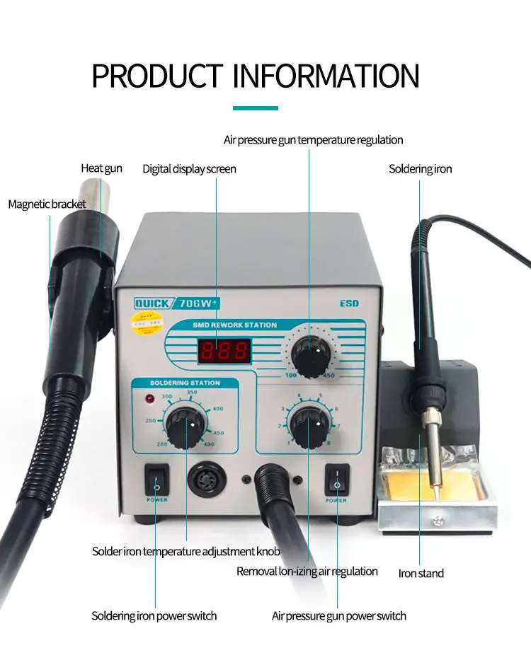 Original QUICK 706W+ Digital Display Hot Air Gun Lead-Free Rework Soldering Station 2 in 1 Nozzles SMD Tools