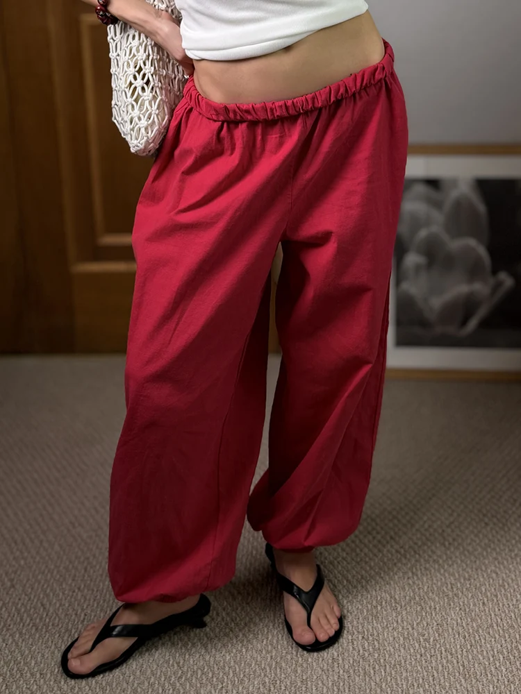 Wide Leg Red Pants For Women Cotton Long Bloomers White Autumn Elastic Waist Lantern Trousers Women Straight Practice Pants Lady