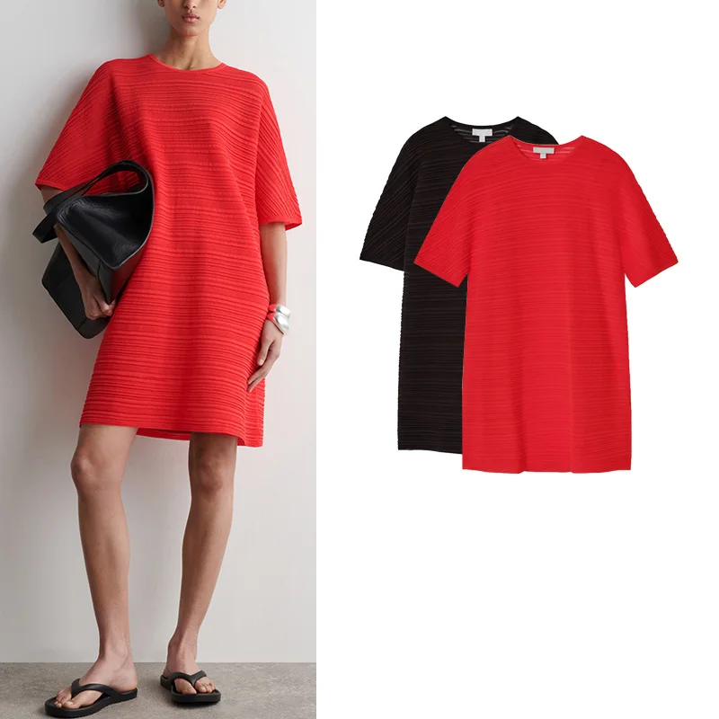 

Summer New Women's round Ne ort Sve Casual Knitted Dr A-Line Skirt Polyester Fiber Basic Sle Commute