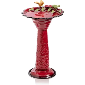 28" Tall Outdoor Metal Birdbath with Birds & Leaves, Red Garden Statue for Patio Deck Yard