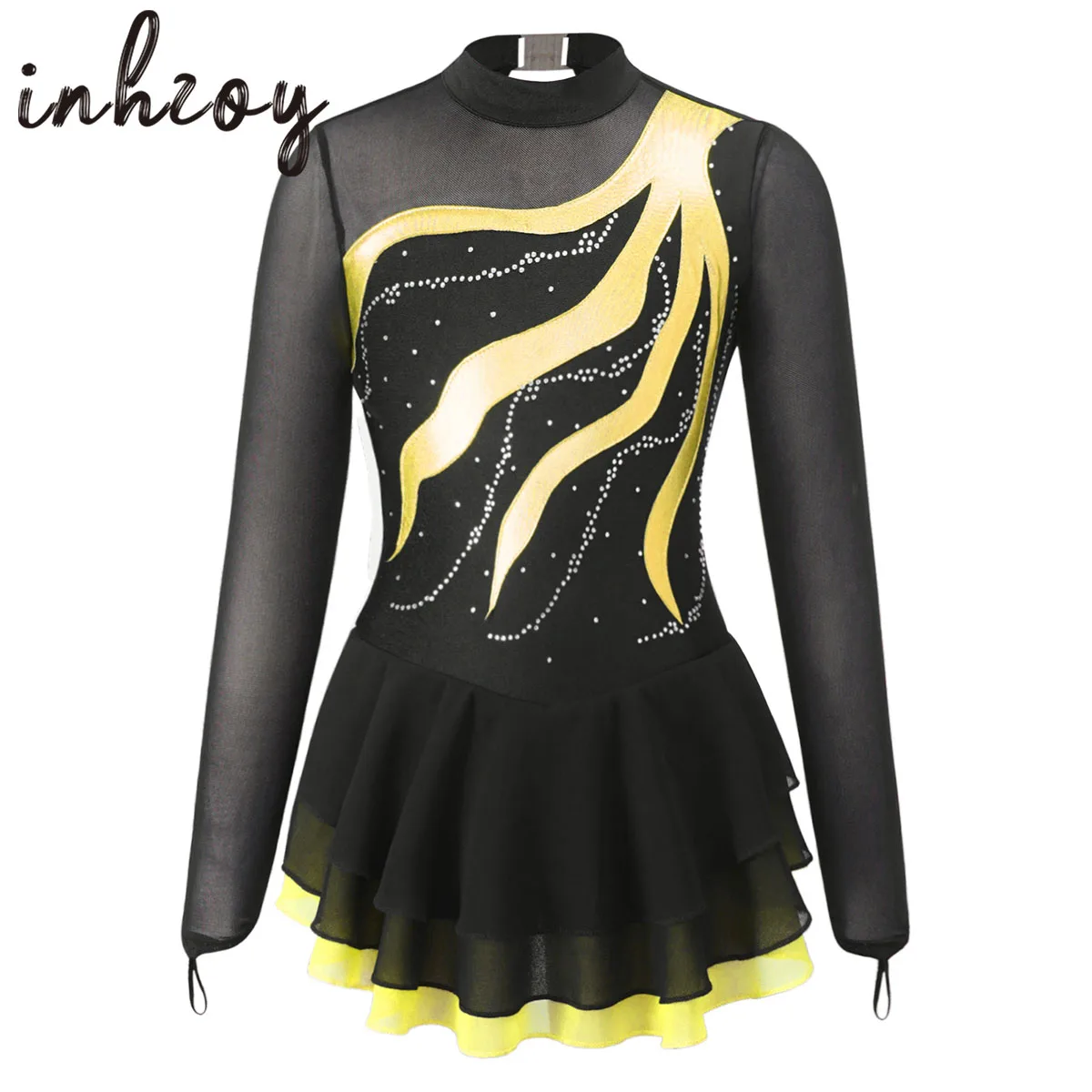 Rhinestone Figure Skating Dress Kids Girls Ballet Gymnastics Leotard Long Sleeve Stage Performance Competition Dance Costume