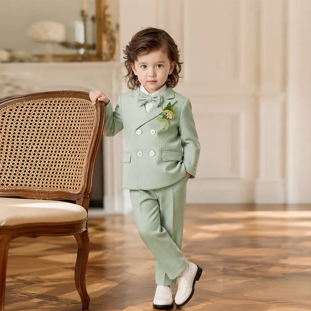 Light Green Striped Boys Suit 5Pcs Set Blazer Vest Pants Bow Tie Kids Wedding Flower Boy Formal Birthday Party Gentleman Outfit