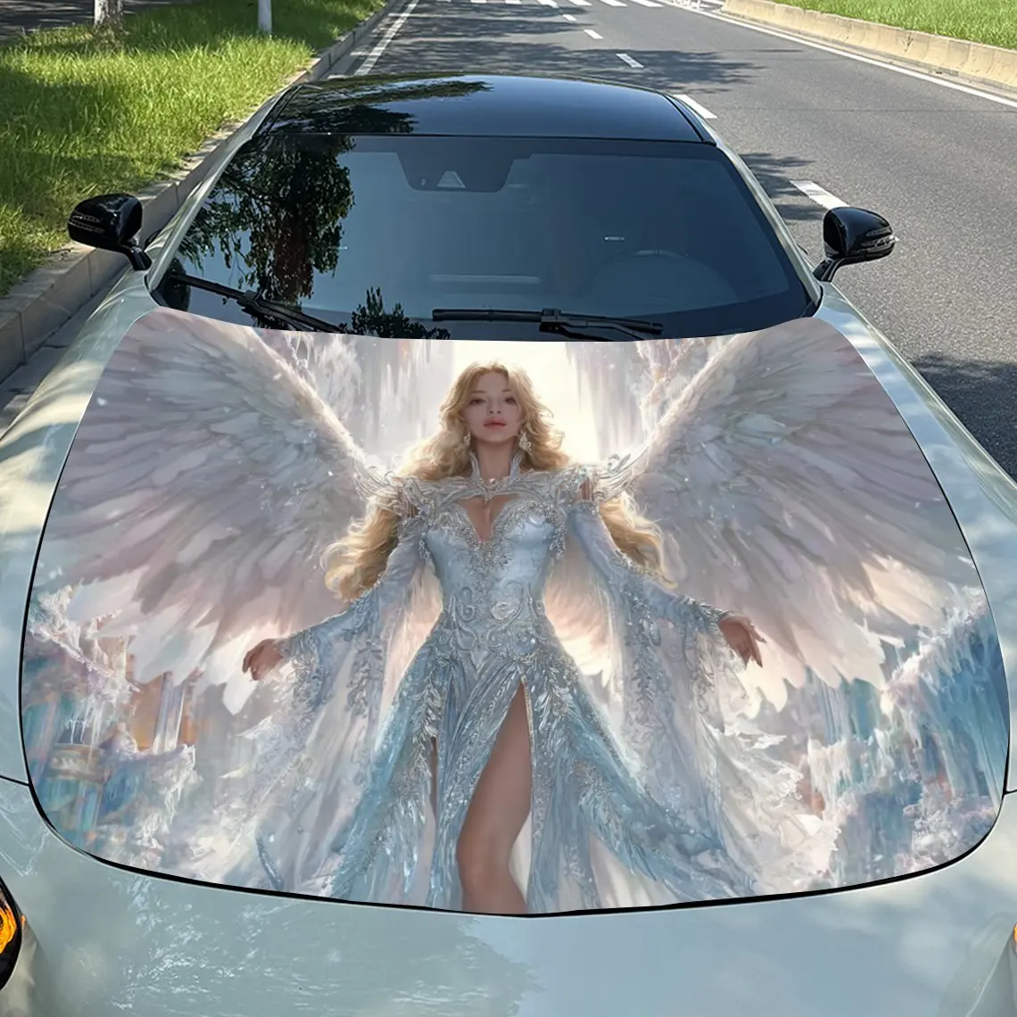 [بناء متين] ملصقات غطاء محرك السيارة الملاك المجنح - مقاومة للخدش، مادة PVC مقاومة للطقس، سهلة الالتصاق، إضافة ب
