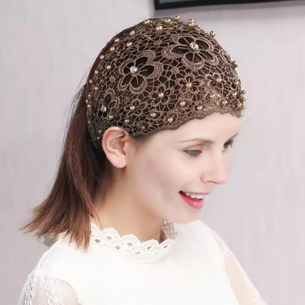 Faixa de cabeça de tecido elegante strass pérola bandana para mulheres oco flor padrão faixa de cabelo com alta elasticidade cabelo largo