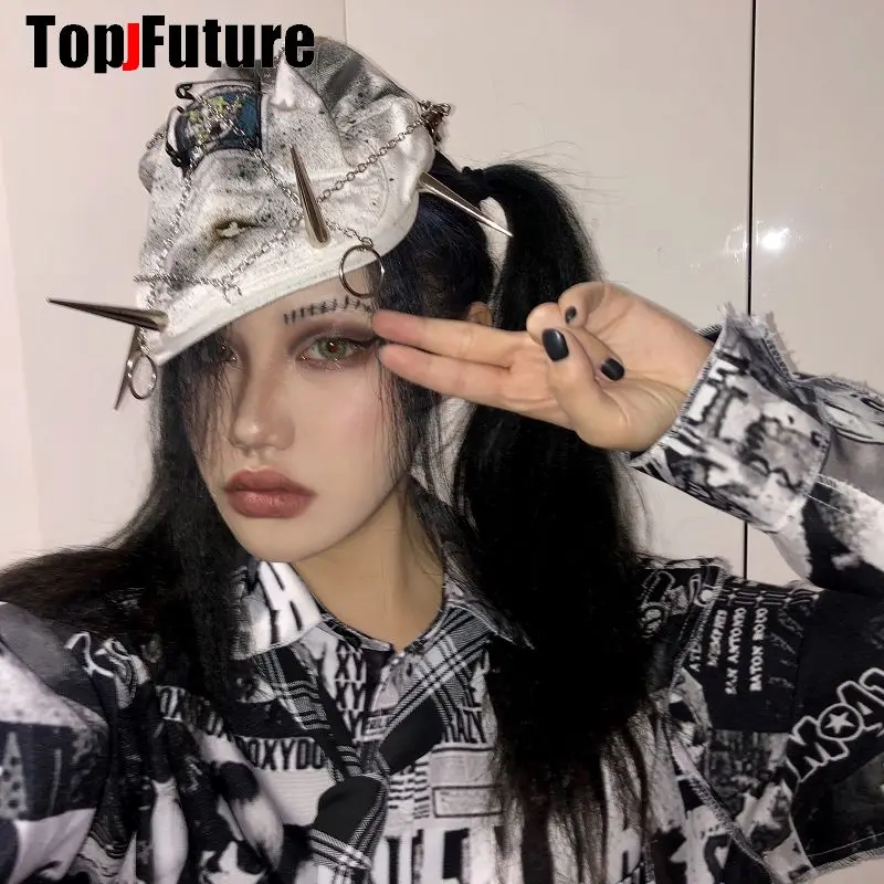 Harajuku Gothic Lolita Hat Women Punk Chain Subculture Spice Girl  Cap Hat Female Y2K Girls Accessories Spike Streetwear Sun hat