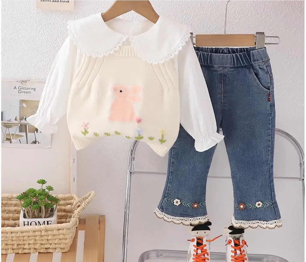 Lapel cotton shirt children's vest jeans three-piece set