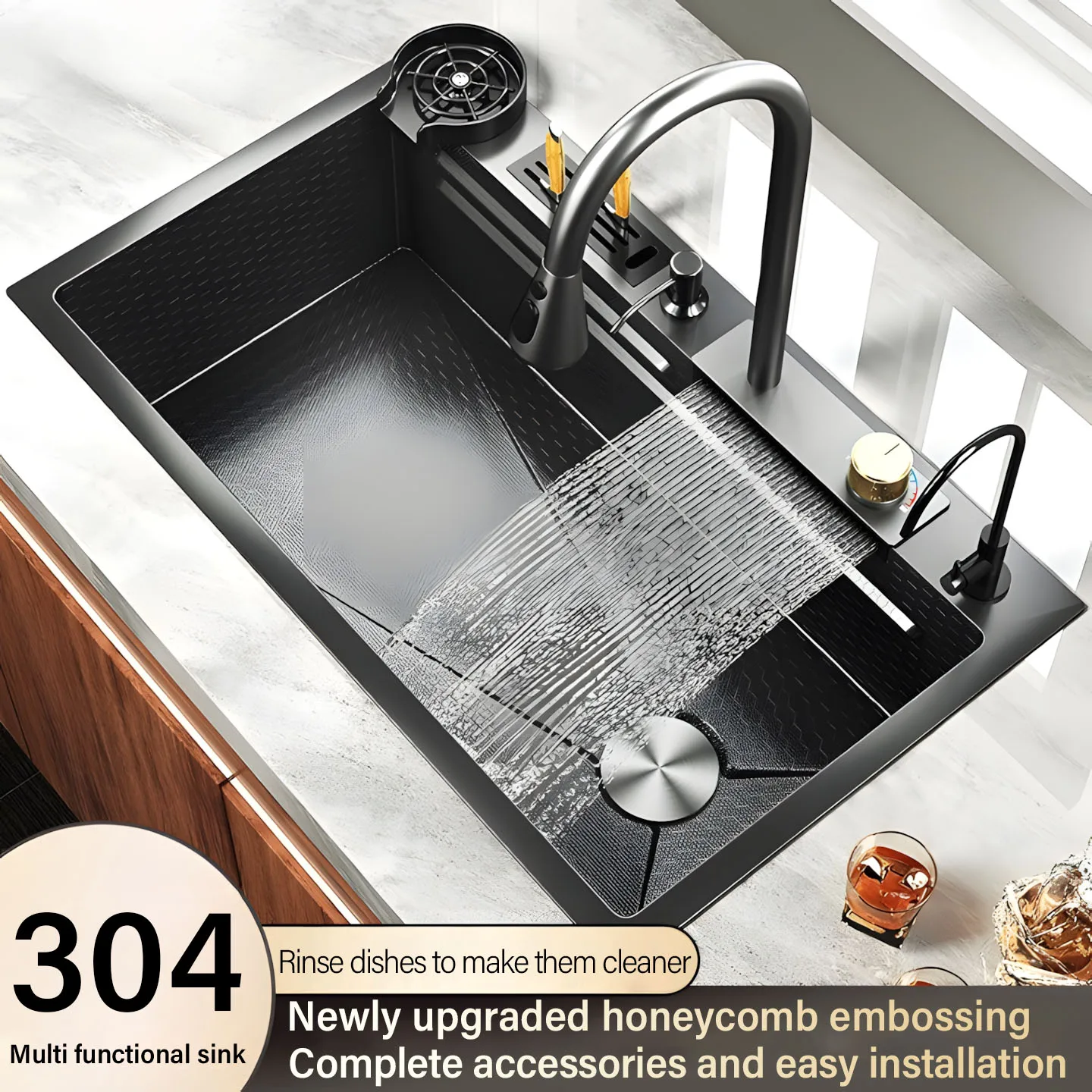 

Embossed Honeycomb Flying Rain Waterfall Sink Handmade Kitchen 304 Stainless Steel Large Single Slot Vegetable Wash Basin Sink