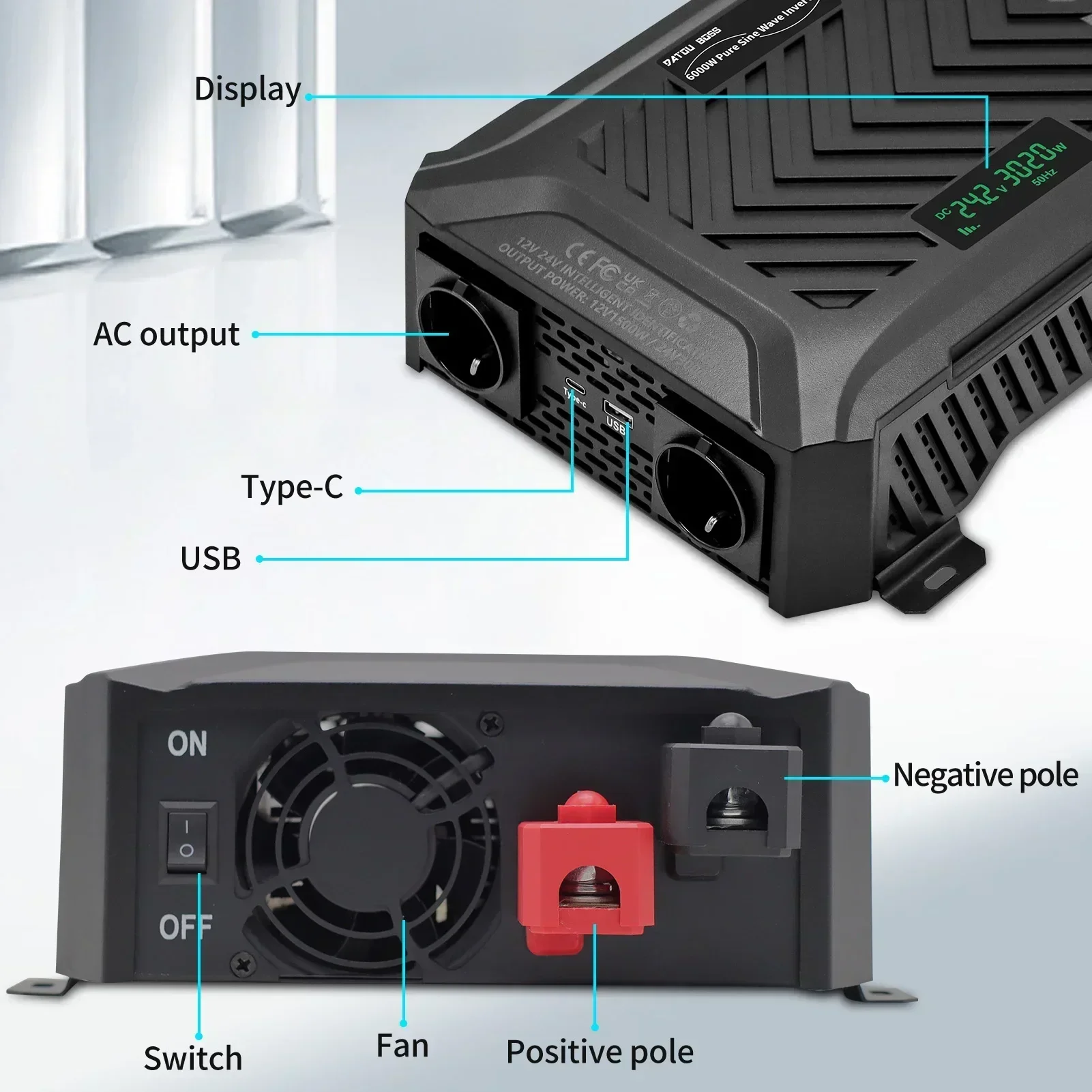 Datou Boss 12V-1500W 24-3000W Auto Switching Inverter Pure Sine Wave 50Hz or 60Hz Adjustable  With Cables 220Vac Output Inverter