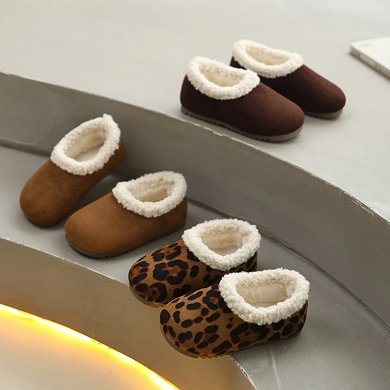 

2025 Winter New Children's Shoes with Velvet Warm Leopard Pattern Cotton Shoes for Girls, Fashion Set Foot Casual Shoes