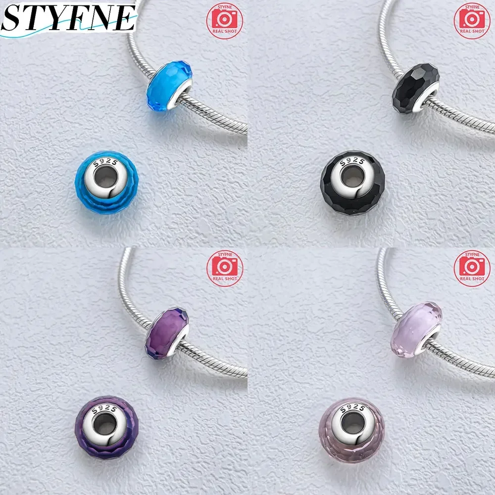 Sterling Silver 925 Original New Murano Solid Color Square Faceted Glass Beads Bracelet for Women DIY Beads for Jewelry Making