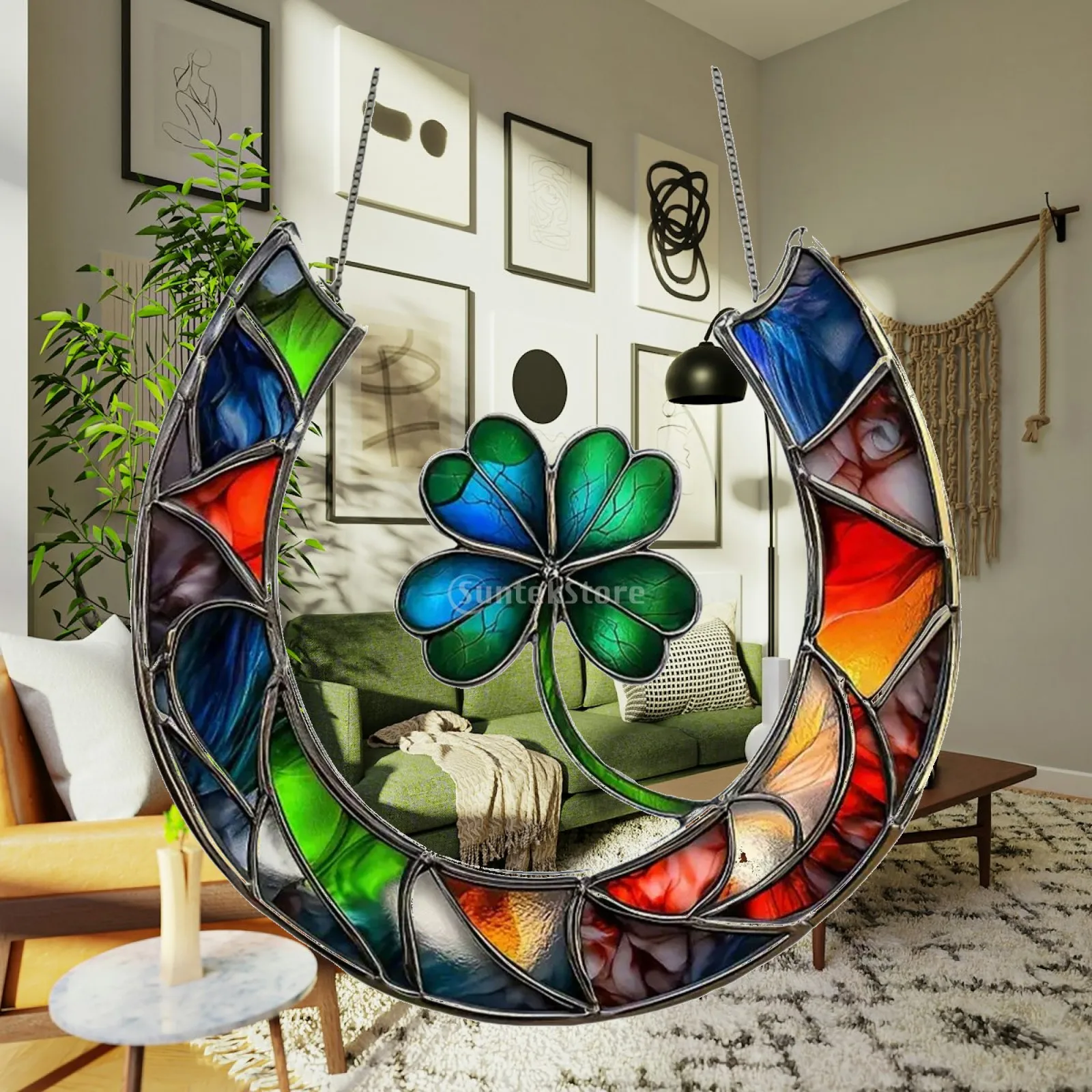 Horseshoe Clover Stained Glass Look Acrylic Window Hanging Ornament with Chain for Outdoor Window Patio Decorations