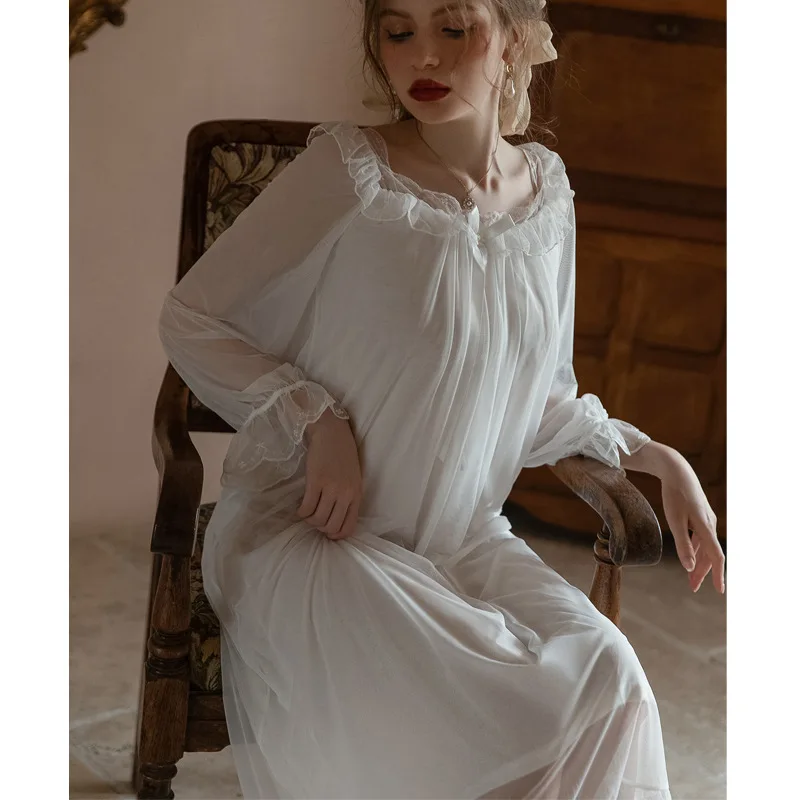 Lace Nightdress Women Mesh Long Sleeve Loose Nightgown Fairy Vintage Home Dressing Gown Night Sexy Sleepwear Nightwear Plus Size